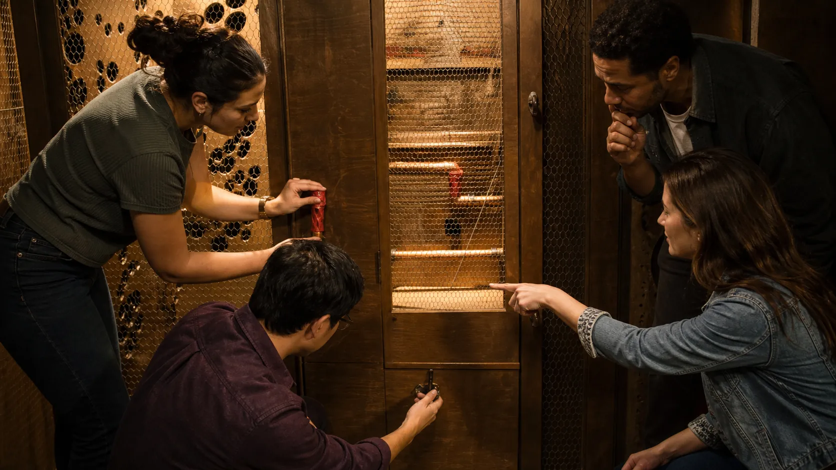 Team löst gemeinsam ein Rätsel am Schrank im Escape Room der Mach!BAR Oberkirch
