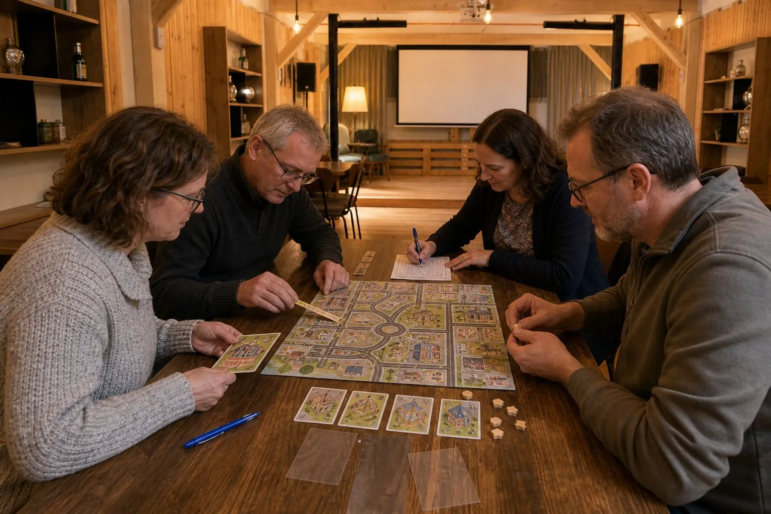 Aktive Rätselrunde mit Material am Tisch