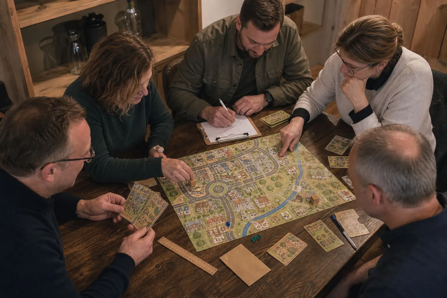 Team beugt sich gemeinsam über den Spielplan