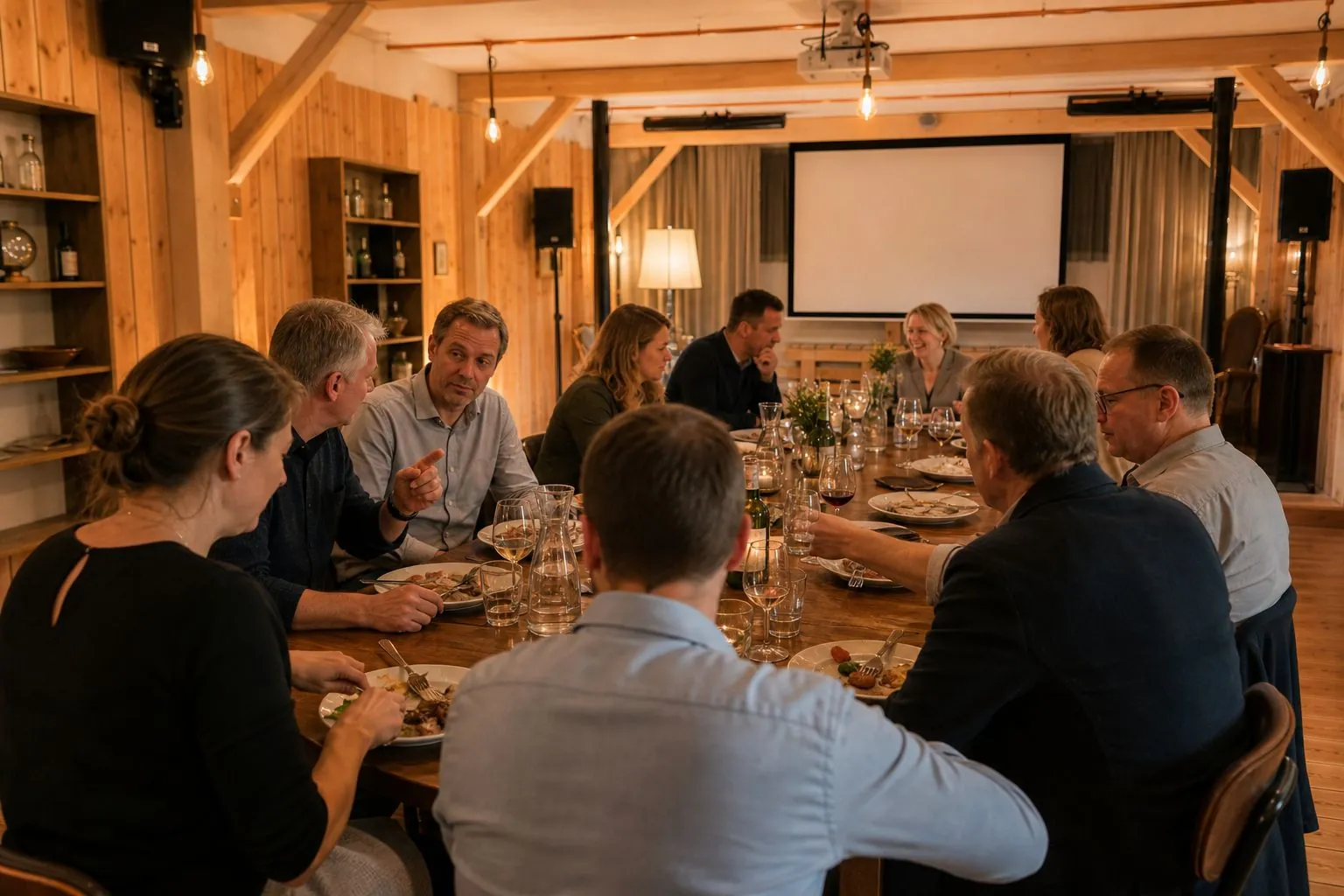 Gruppe beim gemeinsamen Essen an der langen Tafel in der Mach!BAR Oberkirch