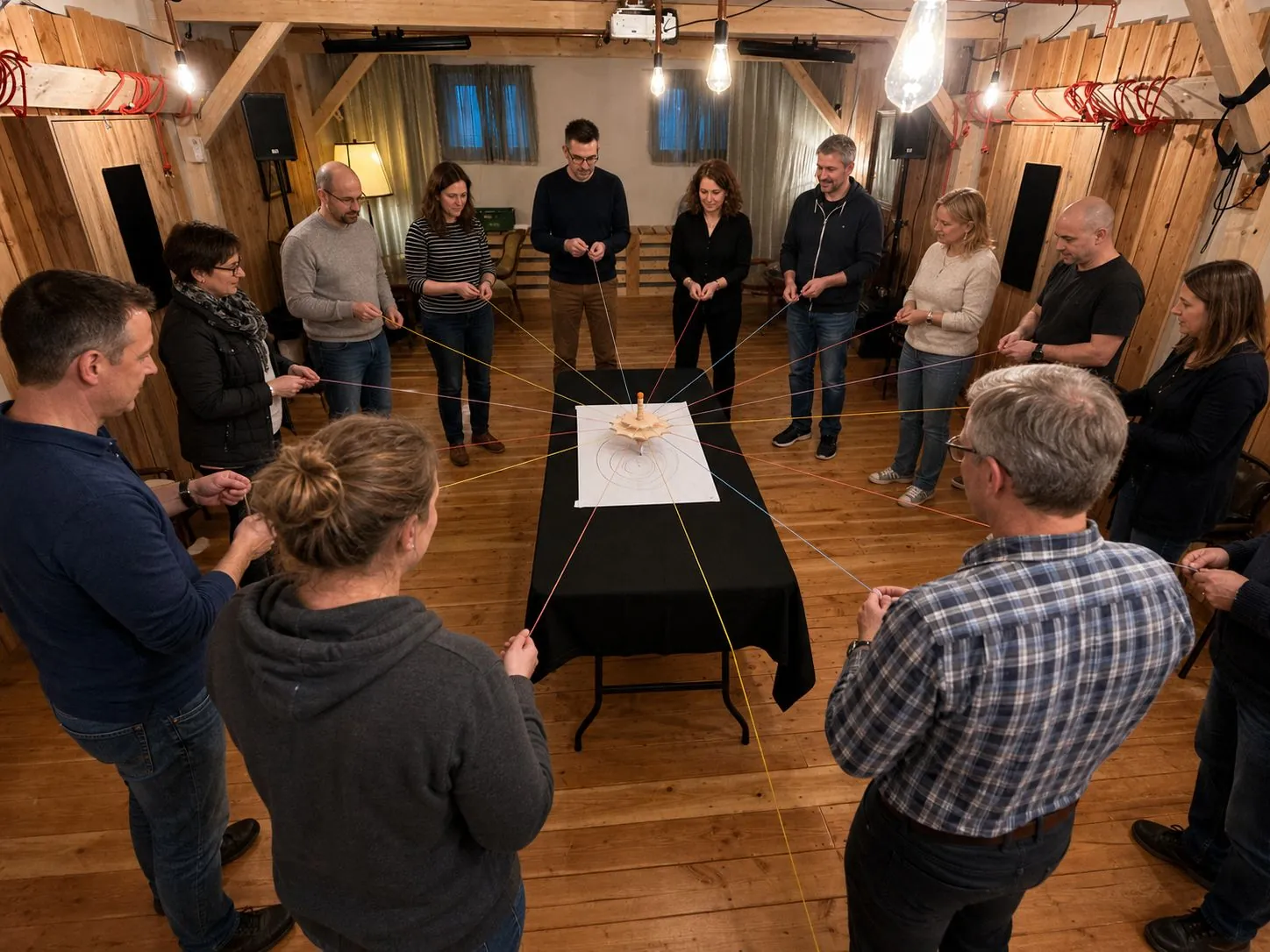 Team im Kreis um den Tisch bei einer Teambuilding-Aufgabe in der Mach!BAR Oberkirch